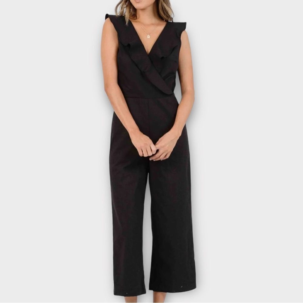 LUCCA Maui Cross Front‎ Ruffle Jumpsuit Wide Leg Cropped in Black Women’s S